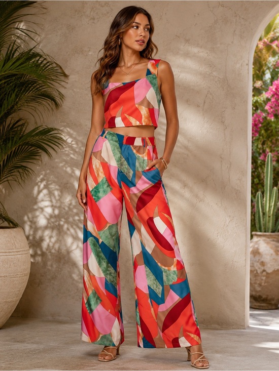 entro Pants - Entro 2 Piece Set Small Multicolor Abstract Crop Top Wide Leg Pants Retro 70s